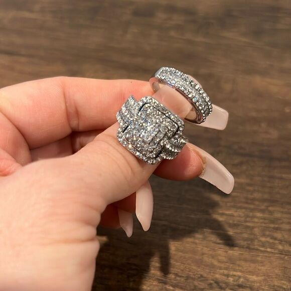 Multi Band Diamond Bride Engagement Statement Ring Set - Picture 8 of 17